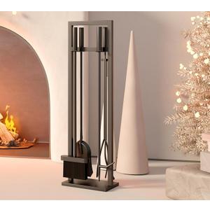 5 Pieces Fireplace Tools Set Wrought Iron Fireplace Tools with Chimney Poker, Tongs, Shovel, Brush and Stand Hearth Accessories Set, Black (11x30inch)