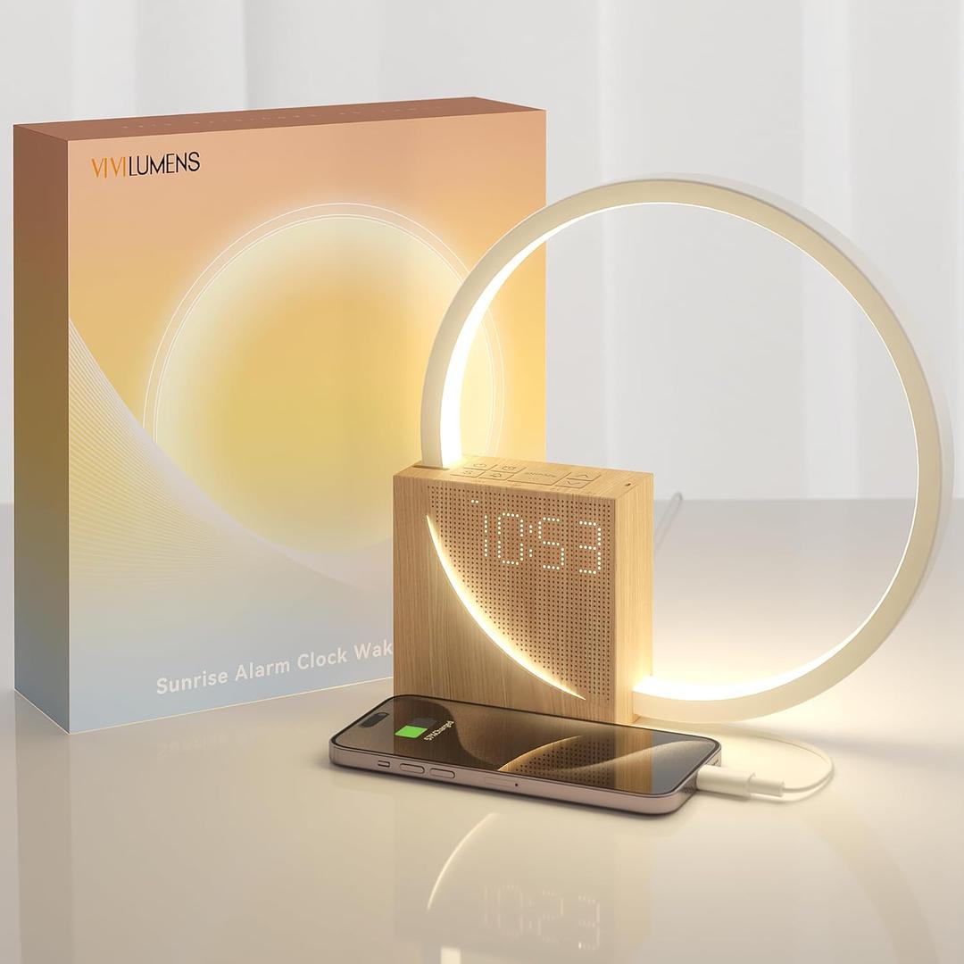 Vivilumens Sunrise Alarm Clock for Heavy Sleepers Adults, Wake-up Light, Sleep Aid 10 White Noise Sound Machines with 30/60/90 Timer, 3 Level Dimmable Touch Table Lamp with Snooze USB Charger Port (Wooden)