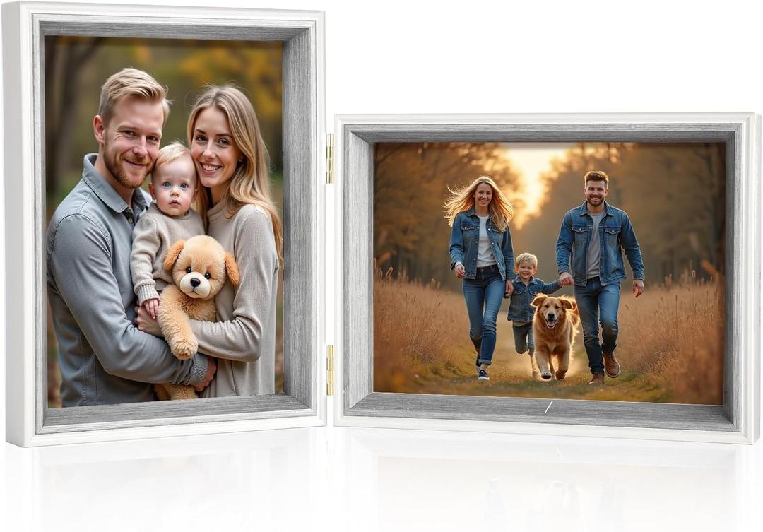 Double Picture Frame 5x7 Vertical and Horizontal Hinged Picture Frames stand on Desktop Folding Photo Frame for Tabletop Display(Grey,5x7-7x5)