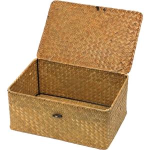 Wicker Storage Basket with Lid, Natural Seagrass Woven Shelf Basket for Storage, Rectangular Decorative Storage Bins Boxes Home Organizer Decor (Natural, Medium) (13" x 8.66" x 6.1")