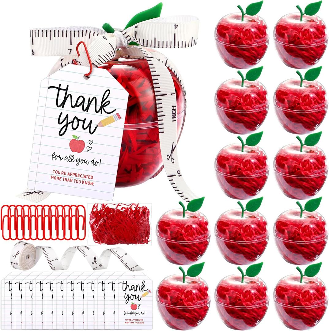 Briwooody 12 Sets Plastic Apple Container for Teacher, Large Apple Shaped Candy Jars with Greeting Cards Boxes Gifts, Welcome Party Box Treat Bulk Essentials (Thank You,Clear)
