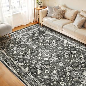 WITSHOCK Living Room Area Rugs 9x12: Soft Non-Slip Backing Washable Rugs Vintage Large Carpet for Bedroom Office Dining Room Kitchen Stain Resistant Home Decor Rug (Black)