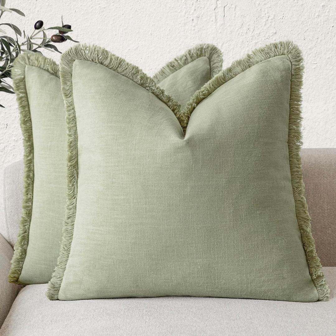 Foindtower Set of 2 Decorative Fringe Throw Pillow Covers Boho Farmhouse Cushion Cover with Tassels Soft Accent Pillowcase for Couch Sofa Bed Living Room Home Decor,2020 Inch,Light Sage Green