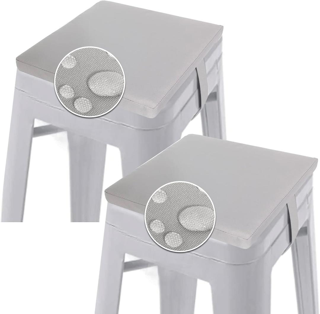 GUEGLSA Indoor Outdoor Bar Stool Cushions 12x12 Inch,Non Slip Square Seat Pad with Straps,Waterproof Fade Resistant Small Metal Chair Cushion Set of 2,Cushion Only, (Grey)