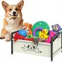 Dog Toy Box for Storage, Metal Frame Oxford Fabric Pet Toy Organizer with Raised Legs, Large Capacity Dog Toy Basket with Front Low Opening, Washable and Durable Design (White) 17.5"L x 12.2"W x 8.7"H