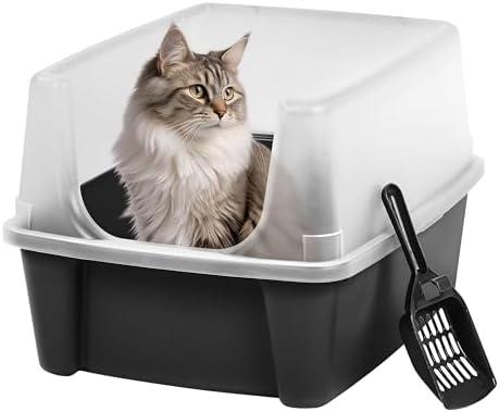 IRIS USA Large Open Top Cat Litter Box with High Sides, Scatter Shield & Scoop, Black - Easy Clean Plastic Litter Pan for Indoor Cats, Kittens or Multicat Homes