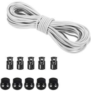 Versatile 1/8-Inch (3mm) Elastic Cord - 10 Yards with 10 Pack Plastic Spring Cord Locks - Stretch Cord, Elastic Rope, and Drawstring Cord for Sewing, Crafting, and DIY Projects (White)