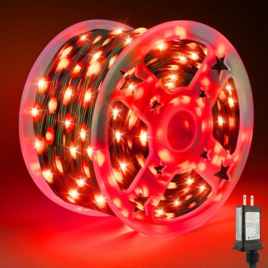 Tcamp 306FT 1000 LED Red Christmas Lights, 8 Modes Christmas Tree Lights with Timer Memory Function, Green Wire Starry Fairy String Light for Xmas Tree Outdoor Indoor Decor