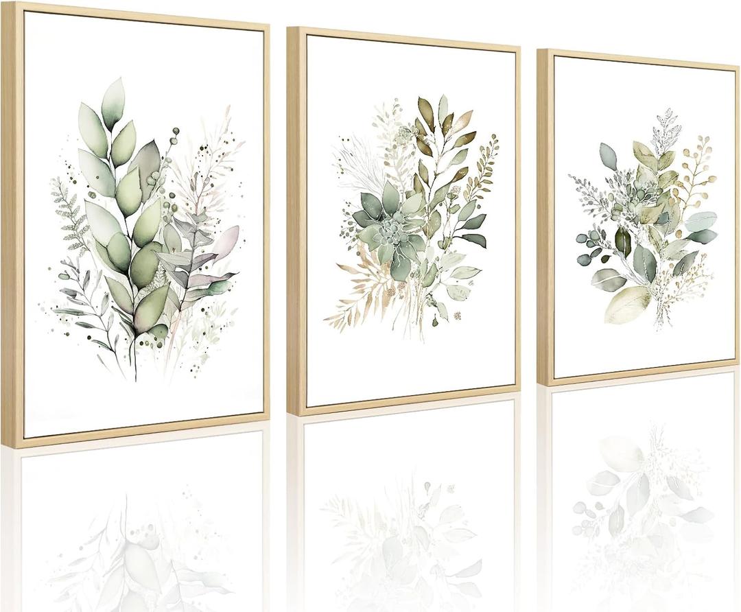 Joocrise Watercolor Botanical Wall Art Set of 3 Boho Floral Canvas Wall Decor Prints Sage Green Wildflower Wall Art Modern Flower Pictures Botanical Painting for Bedroom Bathroom 16x24 Inch Framed
