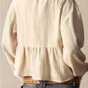 SHENHE Women's Deep V Neck Button Up Crochet Patchwork Long Sleeve Vintage Crop Blouse Top (S, Apricot)