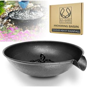 U-nitt 12" Spill Bowl Downspout Catch Basin for Rain Chain Anchoring & Stake | Rainwater Collection for Roof |Gutter Catch Basin | Good for Water Fountain & Birdbath | Black | Handles Heavy Rain