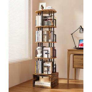 Kalrin 5 Tier Rotating Bookshelf with Extra Storage Cabinet, 360Spinning Corner Bookshelf, Floor Standing Bookcase for Kids & Adult, Narrow Book Shelf for Bedroom Living Room, Vintage Brown
