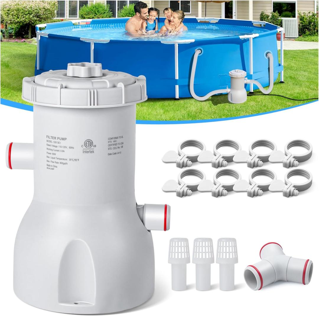 800 GPH Above Ground Pool Pump, Energy-Saving Cartridge Pool Filter Pump | Dual Action: Accelerate Water Flow & Capture Debris Quickly - Improve Water Clarity | Easy to Set Up - Gray