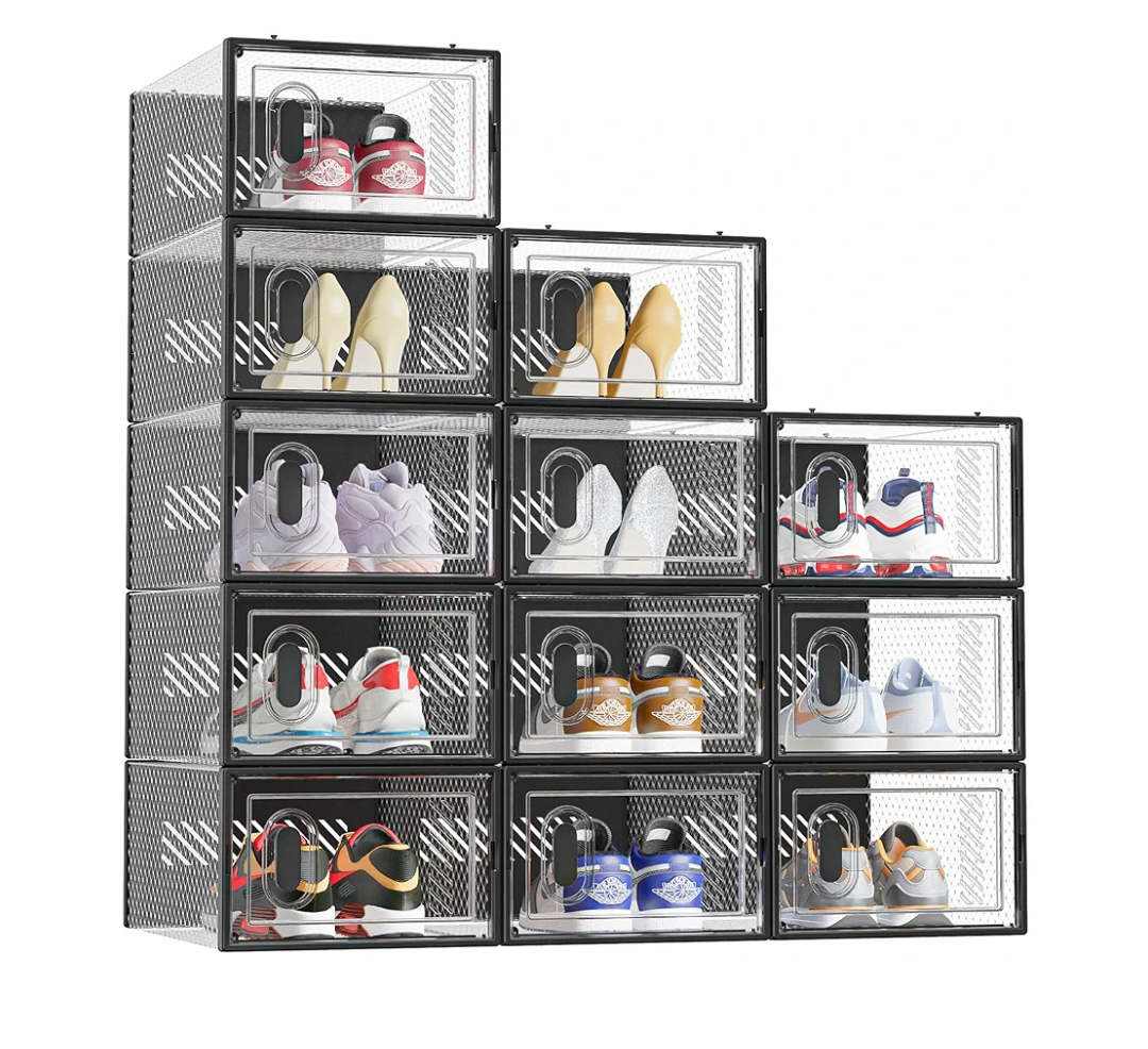 Shoe Storage, 12 Pack Shoe Organizer for Closet, Shoe Boxes Clear Plastic Stackable Shoe Containers with Lids for Size 10, Black