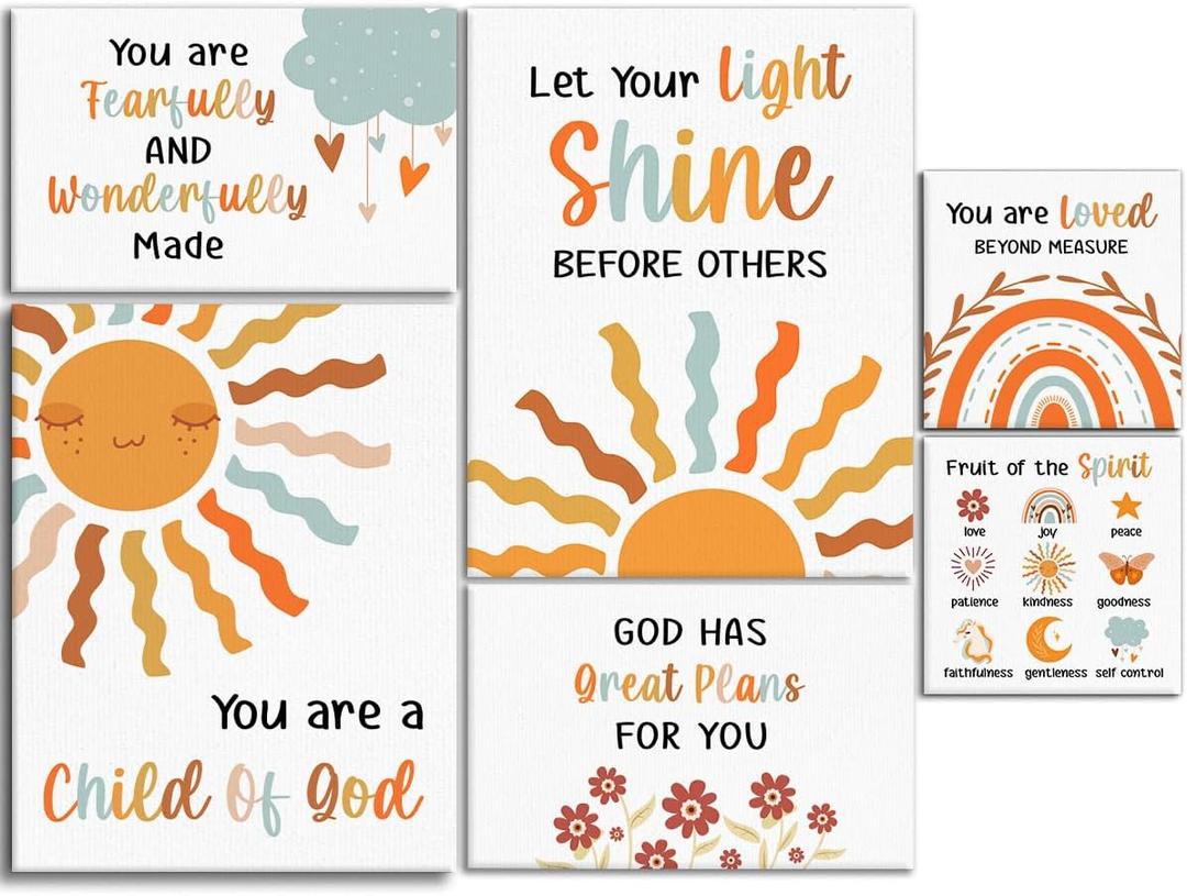 Boho Kids Christian Wall Decor, Bible Verse I AM A Child Of God Wall Art Canvas Frame Poster Print for Kids Bedroom Nursery Classroom Playroom Wall Decor, Set of 6