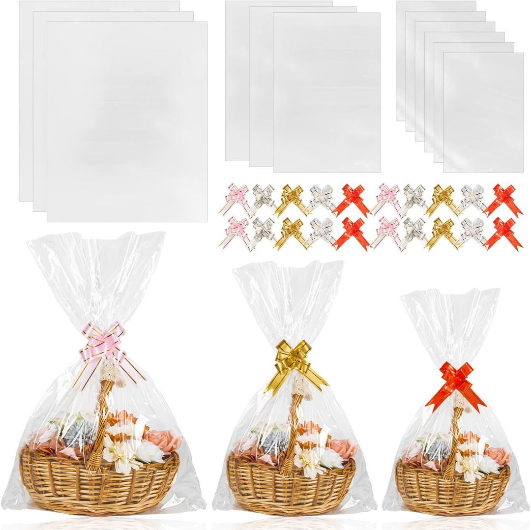 Labeol 50pcs Cellophane Bags 3 Sizes Cellophane Wrap for Gift Baskets 24x30 16x24 12x18 Large Clear Plastic Packaging Bags with 50 Pull Bows for Gift Wrapping