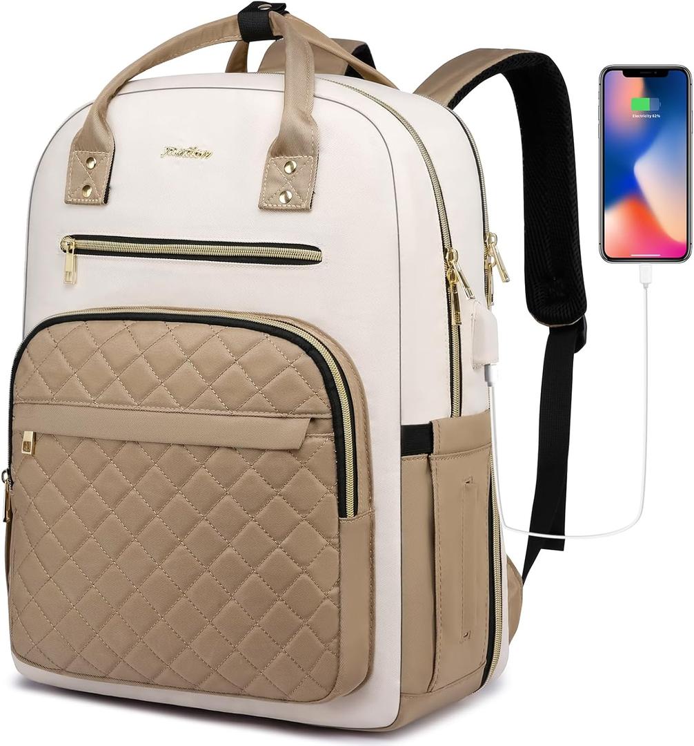 YAMTION Backpack for Women and Teen Girls,School Backpack TSA Laptop Bookbag with USB for College University Students Business Office Work Travel (15.6 inch, Khaki Beige)