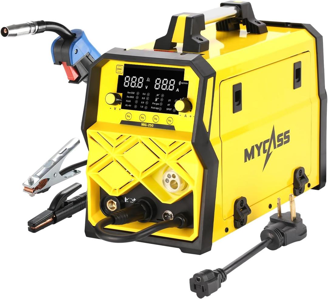 250A MIG Welder,6 in 1 Gas MIG/Gasless Flux Core/Stick/Lift TIG/Spot Welding/Spool Gun Compatible Aluminum Welding Machine Large LED Display 110V/220V Multi Process Welder