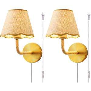 Set of Two Plug in Wall Sconce with 70.8inch Cord and Switch, Hand Woven Ratten Wall Sconces with Grass-Woven Lampshade for Bedroom Living Room Hallway Porch, E26 Base, 2 Pack Plug in