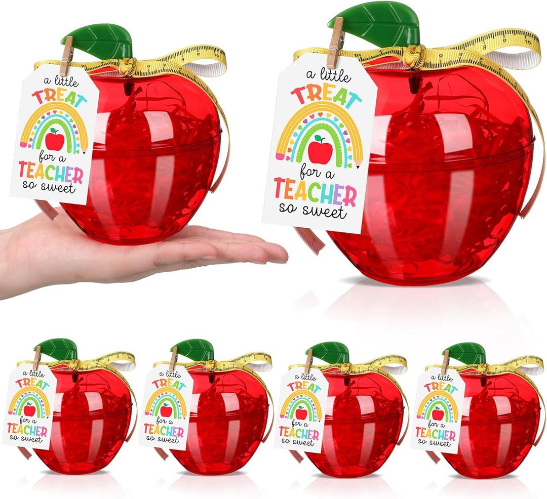 Mimorou 6 Sets Teacher Appreciation Gifts Plastic Apple Containers Red Apple Shaped Candy Jar with Thank You Cards Ruler Ribbon Raffia for Teacher Appreciation Week Graduation Party Decorations
