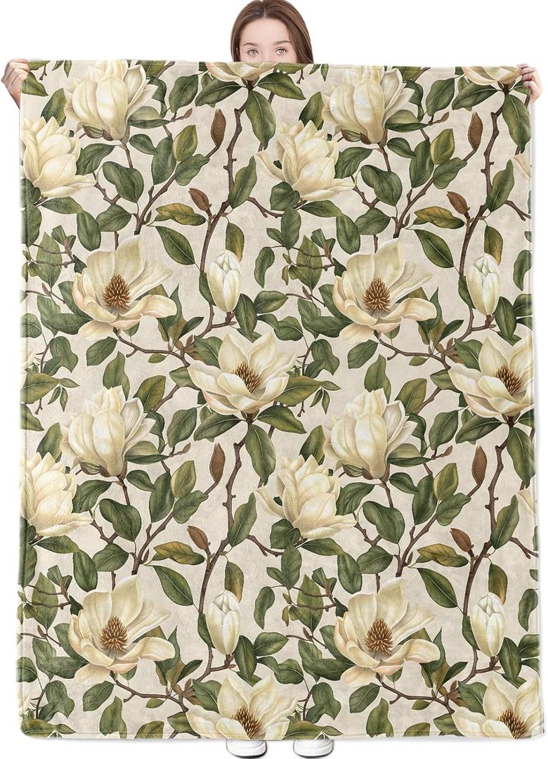 Magnolia Floral Blanket Vintage Botanical Style Throw Blankets with Flower and Leaf Lightweight Flannel Throws for Camping Couch Chair Office Bed Home Decor Gifts for Adults,80x60inch