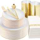 MirthMood 350Pcs White and Gold Dinnerware Set,Plastic plates Includes:50 Dinner Plates, 50 Dessert Plates, 150 Gold Plastic Cutlery,50 Paper Towels & 50 Cups for Party&Wedding