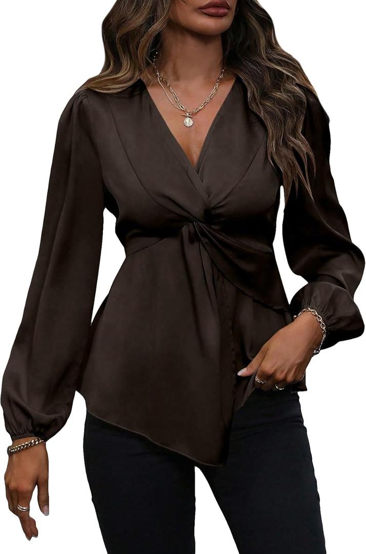 SweatyRocks Women's Twist Front V Neck Long Lantern Sleeve Blouse Elegant Asymmetrical Hem Peplum Shirt Tops Brown, Medium 