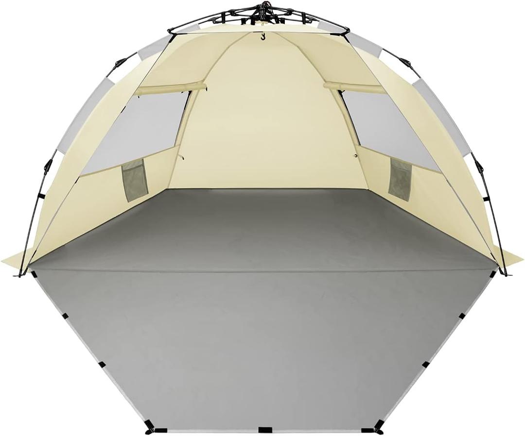 Oileus X-Large 4 Person Beach Tent Sun Shelter - Portable Sun Shade Instant Tent for Beach with Carrying Bag, Stakes, 6 Sand Pockets, Anti UV for Fishing Hiking Camping, Waterproof Windproof, Khaki