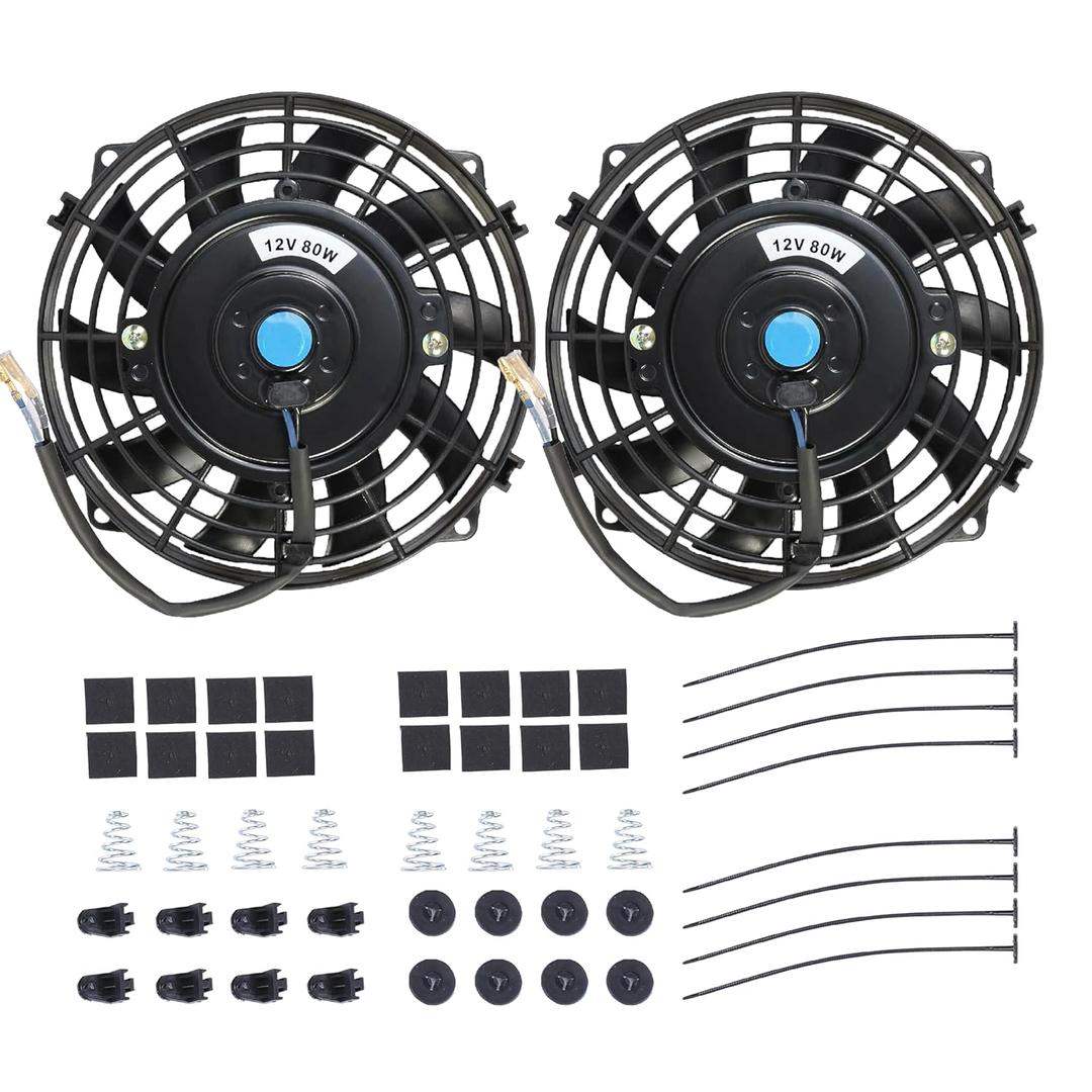 7" Electric Radiator Cooling Fan Assembly Kit, Universal High Performance 12V 80W Motor with Fan Mounting Kit - Black (2 Pack)