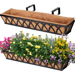 2 Pack 36IN Window Box Railing with Adjustable Brackets, Hanging Flower Planter Basket with Coco Liner for Outdoor Balcony Porch Fence Patio (Black) (Set 2)