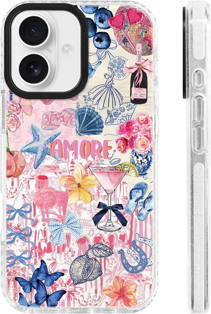for iPhone 16 Case [Military-Grade Drop Protection/Luxurious Soft TPU Protective/Camera Protection/for Women & Girls]-Whimsical Romantic Pink Party Collage with Glam Disco & Bow