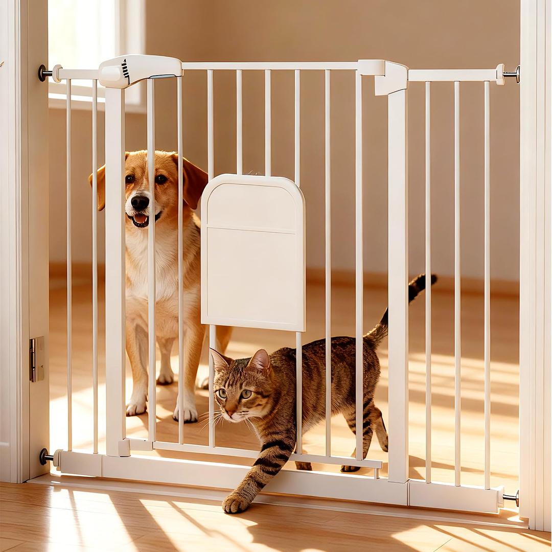 Pet Gate with Adjustable Cat Door, 3146 Inch Pressure Mounted Dog Gate for Doorways, Stairs and Hallways, Auto Close Walk Through Metal Safety Gate, Easy Install, White