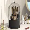 Makeup Brush Holder with Dustproof Cover 360 Rotating Makeup Brush Organizer for Vanity Bathroom, White/Black
