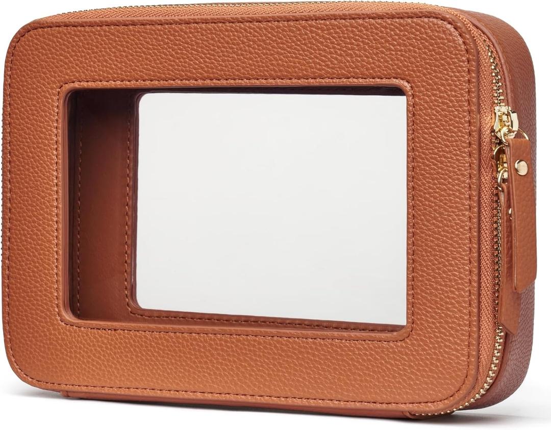 Popvibe Clear Makeup Bag Travel Cosmetic Case Transparent Toiletry Bag with Zipper, Portable Make Up Organizer Traveling Compact Car Bag for Essentials (Brown)