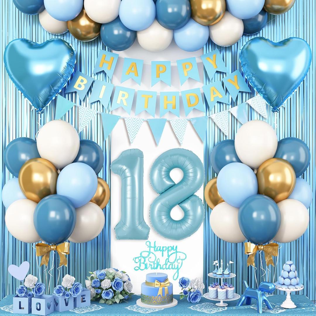 18th Birthday Decorations Blue White Gold,18th Birthday Balloons with Happy Birthday Banner Fringe Curtain Heart Foil Balloons for Boys Girls 18 Year Old Birthday Decor