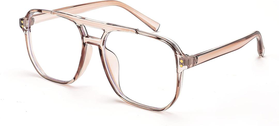 FEISEDY Blue Light Blocking Glasses Fake Nerd Clear Square Computer Lightweight Pilot Glasses Frame Oversized B2866 (Transparent Tea Frame)
