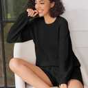 Ekouaer Womens 2 Piece Knit Sweatsuit Long Sleeve Tops and Shorts Pajamas Fashion Outfits Casual Lounge Set with Pockets Black L