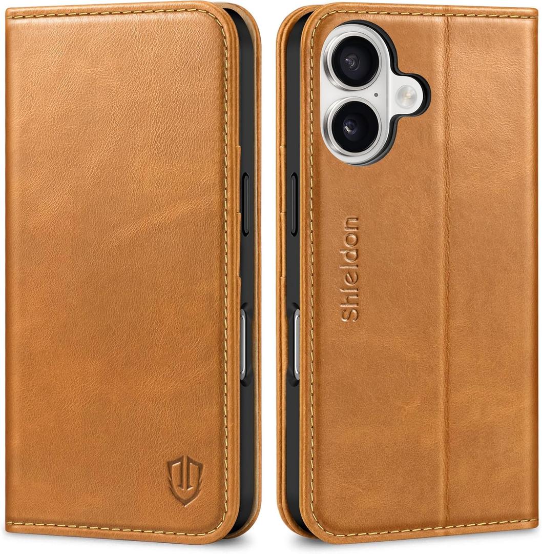 SHIELDON Case for iPhone 16 2024, Genuine Leather Magnetic Folio Wallet [RFID Blocking Credit Card Slots] Kickstand Shockproof Soft Phone Holder Case Compatible with iPhone 16 6.1" - Oily Brown