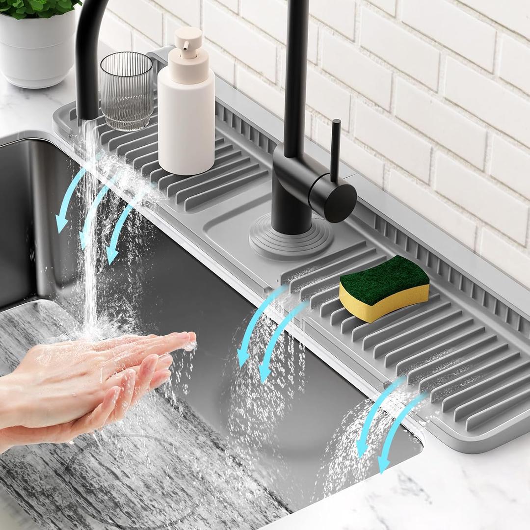 24'' Longer Faucet Mat for Kitchen Sink Splash Guard[7 Slope Fast Self-draining][Snap Lock Fit]Kitchen Sink Faucet Mat Splash Guard Kitchen Sink Area Water Splash Guard Behind Faucet Draining Mat