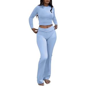 AYWA Women's 2 Piece Outfits Foldover Flare Pants Long Sleeve Crew Neck T-shirt Fitted Pajama Sets XL