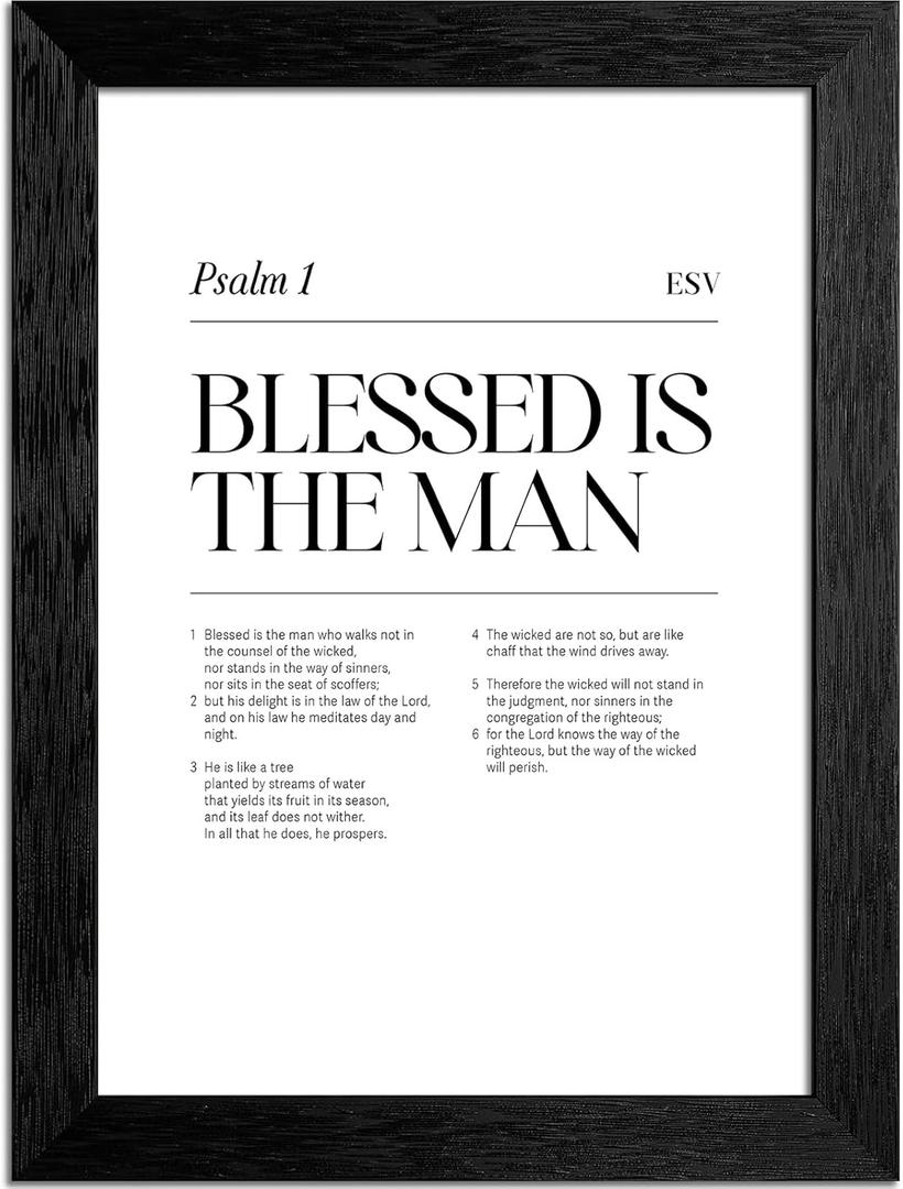 Black And White Bible Verse Wall Art, 8x10 Inch Black Framed Blessed Is The Man Scripture Poster, Christian Motivational Canvas Print, Wall Decor For Office Home Prayer Room Ready To Hang