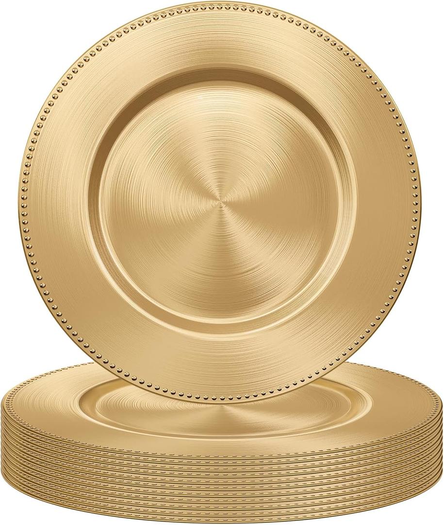 MAONAME Gold Charger Plates Set of 12, 13" Plastic Plate Chargers with Beaded Rim, Electroplated Charger for Dinner Plates, Round Chargers for Table Setting, Wedding Decor