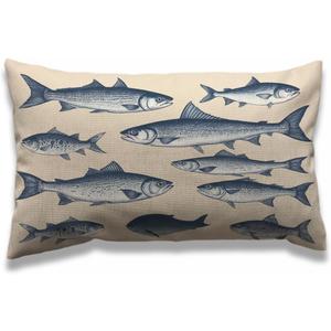 AOYEGO Fish Throw Pillow Cover 12x20 Inch Vintage Ocean Sea Fish Animals EEL Seafood Theme Rectangle Pillow Cases Home Decorative Cotton Linen Cushion Cover for Bed Sofa