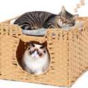 Handwoven Rattan Cat Cave w/Two Cushions, Cat Beds Indoor Kitten House, Wateproof & Foldable Pet Cube Bed, Natural Color, 16.5L x 16.5W x 12.6H