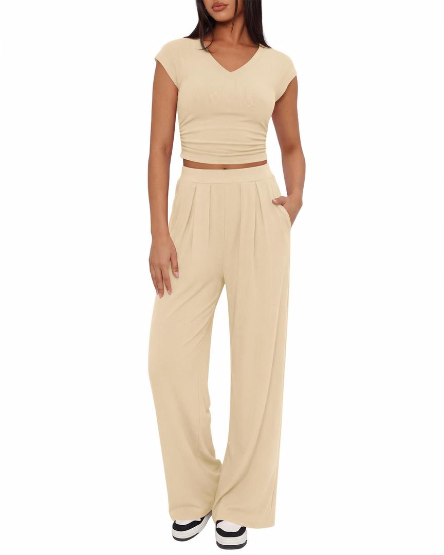 BTFBM Womens 2 Piece Outfits Spring 2026 V Neck Cap Sleeve Ruched Top Wide Leg Pants Sets Rib Knit Lounge Matching Set(Apricot, Medium) (Beige, M)