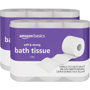 Amazon Basics Soft and Strong 2-Ply Toilet Paper, 12 Ultra Rolls = 48 Regular Rolls, Unscented, 340 Sheet (2 Packs of 6)