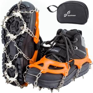 Sportneer Crampons, Traction Cleats Ice Snow Grips with 19 Stainless Steel Spikes, Ice Cleats Traction Snow Grips for Boots Shoes, Crampons Ice Cleats for Women Men Hiking Jogging Climbing And Fishing (Large, Orange)