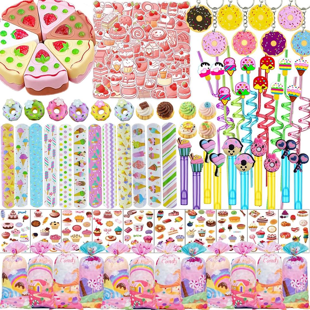 194PCS Candy House Favors- Candy Bag, Dessert Bubble Stick, Donut Keychain, Cake Mini Car,Temporary Tattoo Stickers, Cake Resin Decoration, Bracelet, Ice Cream Straw, Birthday, Festival Celebrations