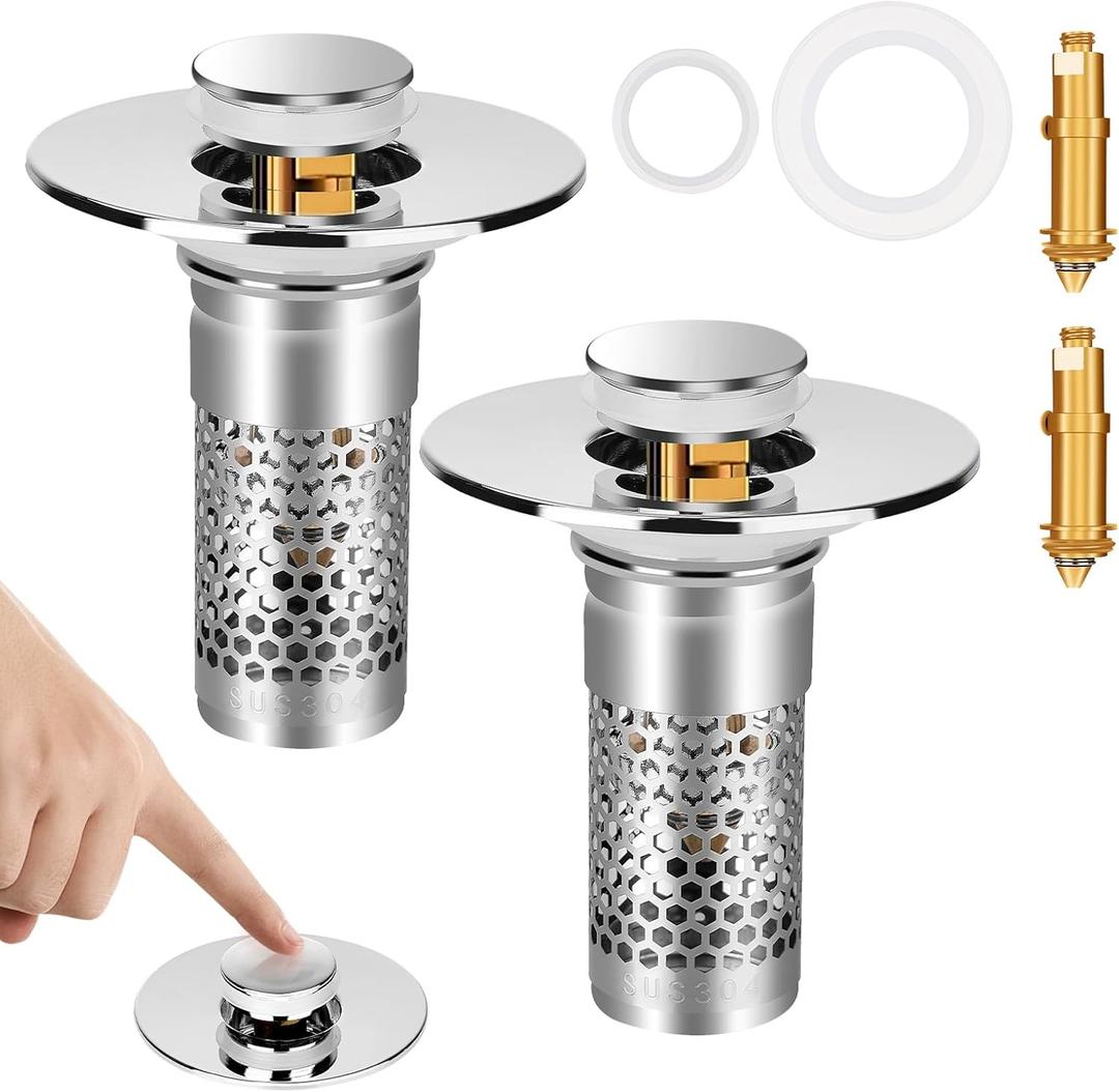 Adoric Bathroom Sink Stopper 2Pack, Sink Drain for Bathroom Pop Up Stopper with Removable Stainless Steel Filter Basket Hair Catcher for Standard 1.06"-1.50" Sink Basin Hole