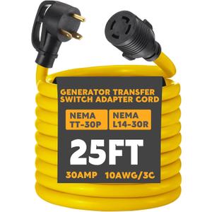 Kanayu 25 ft Generator Transfer Switch Adapter Cord Compatible with Nema Tt-30p to L14-30r, 30 Amp 3 Prong to 4 Prong Generator to House Inlet Box Adapter, STW 10 Awg, Etl Listed